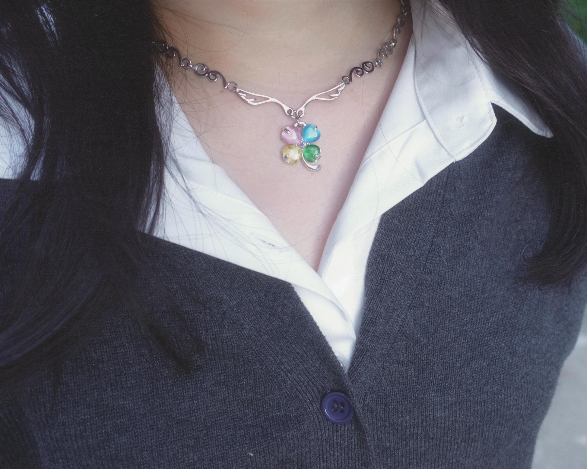 Y2k Shoujo Clover Choker Necklace Dreamcore Four Leaf Rainbow Clover Cloud Angel Wings HimeKaji Necklace Indie Aesthetic Anime Jewelry gift