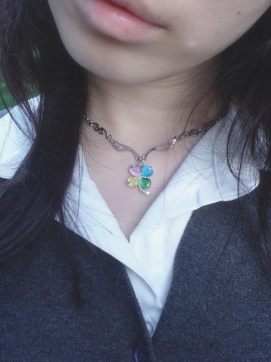 Y2k Shoujo Clover Choker Necklace Dreamcore Four Leaf Rainbow Clover Cloud Angel Wings HimeKaji Necklace Indie Aesthetic Anime Jewelry gift