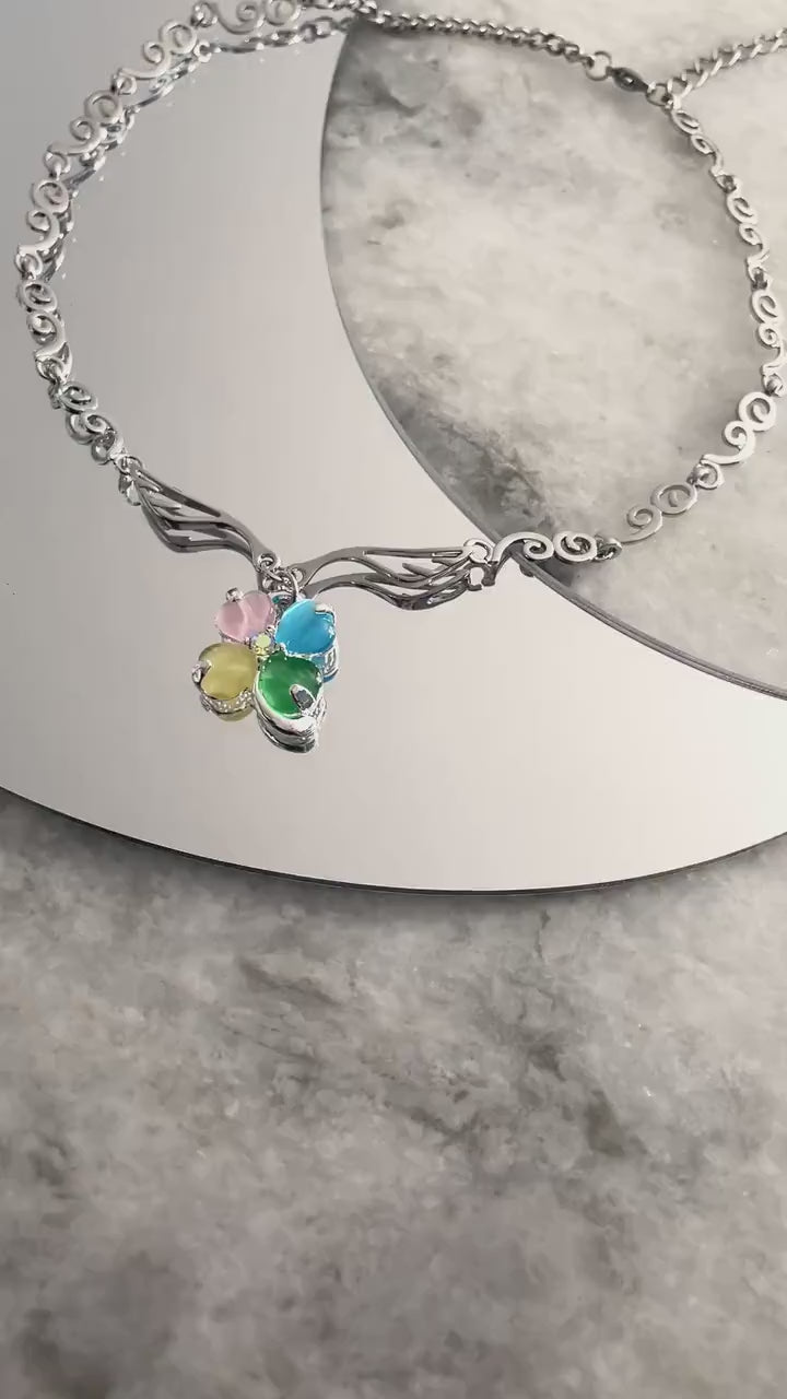 Y2k Shoujo Clover Choker Necklace Dreamcore  Four Leaf Rainbow Clover Cloud Angel Wings HimeKaji Necklace Indie Aesthetic Anime Jewelry gift